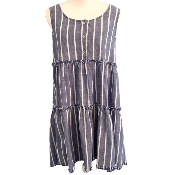 Umgee Chambray Nautical Linen Look Striped Tiered Frayed Tank Dress Sz S - Picture 1 of 8